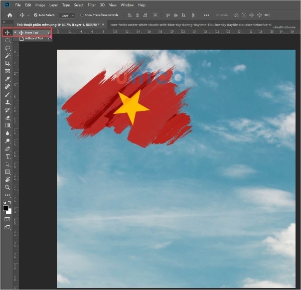 Căn chỉnh trong photoshop chiều ngang qua công cụ Move trong Photoshop