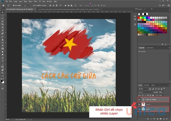 Nhấn giữ Ctrl để chọn cùng lúc Layer chữ và Layer nền
