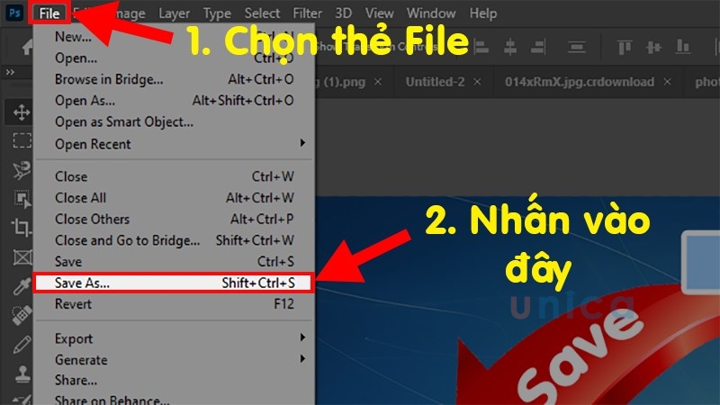 Bạn hãy mở tệp của bạn trong phần mềm Photoshop. Sau đó, chọn File, rồi chọn Save As…