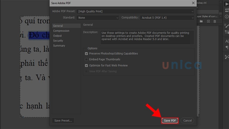 Xuất hiện hộp thoại nhấn Save PDF để có thể lưu file Photoshop