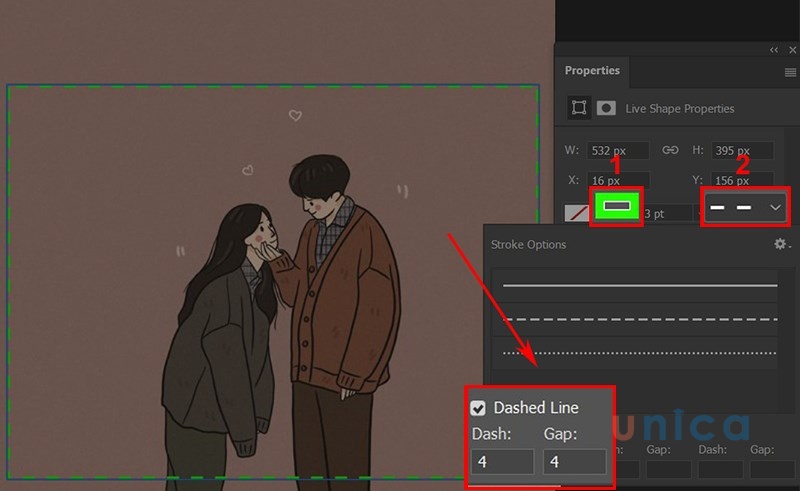 Click chuột vào khu vực 2 thiết lập các thông số Dash và Gap