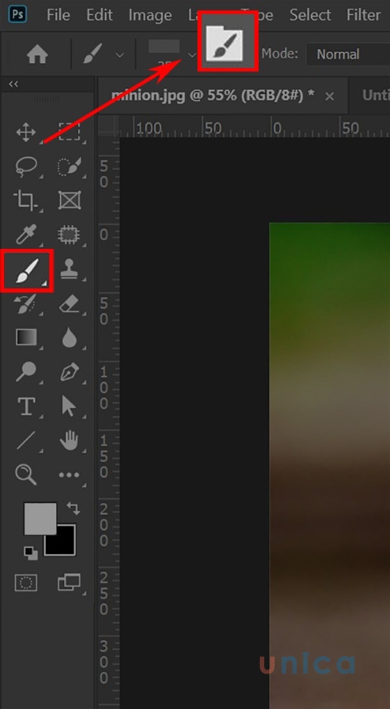 Chọn công cụ và mở hộp thoại Brush