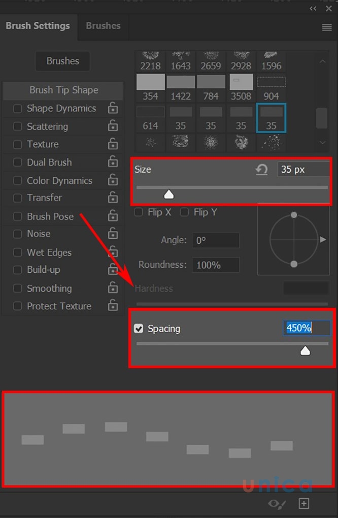 Thiếp lập thông số Brush và khoảng cách giữa các họa tiết