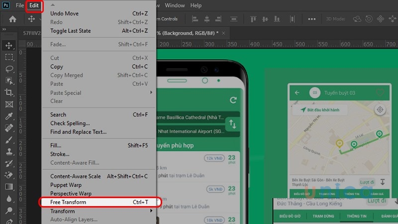 Sử dụng tổ hợp phím Ctrl + T hoặc chọn Menu > Edit > Free transform