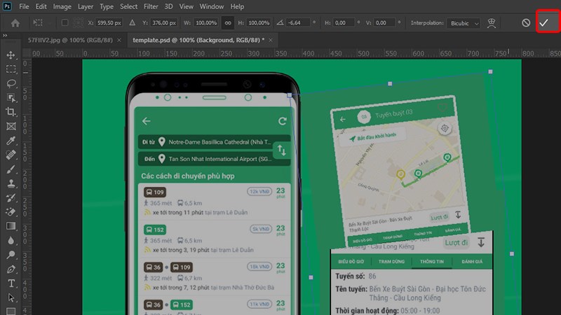 Lựa chọn xoay hình với 1 góc tự do, sau khi áp dụng chế độ free transform cho layer