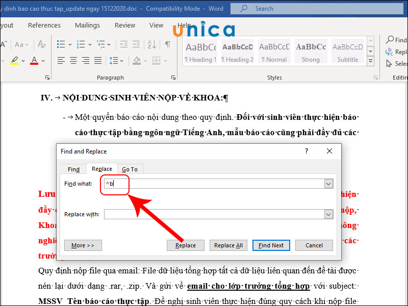 Nhập ^b vào Find what