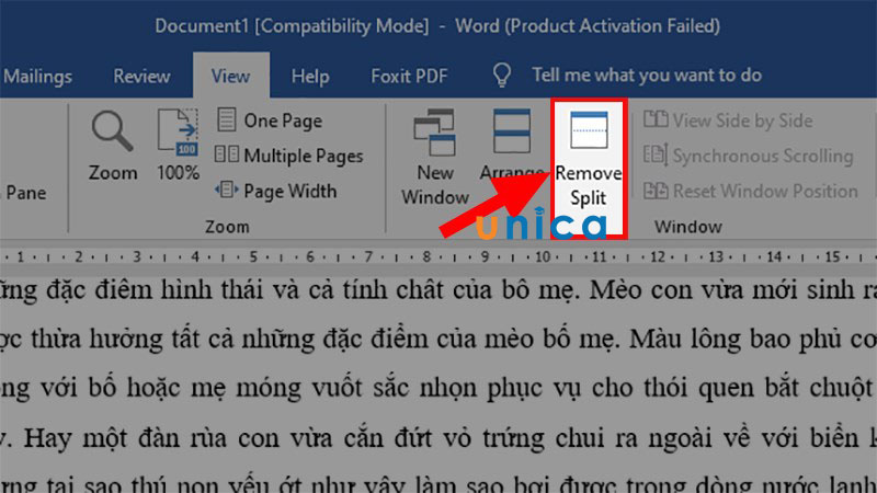 Click vào Remove Split để bỏ cố định trong Word