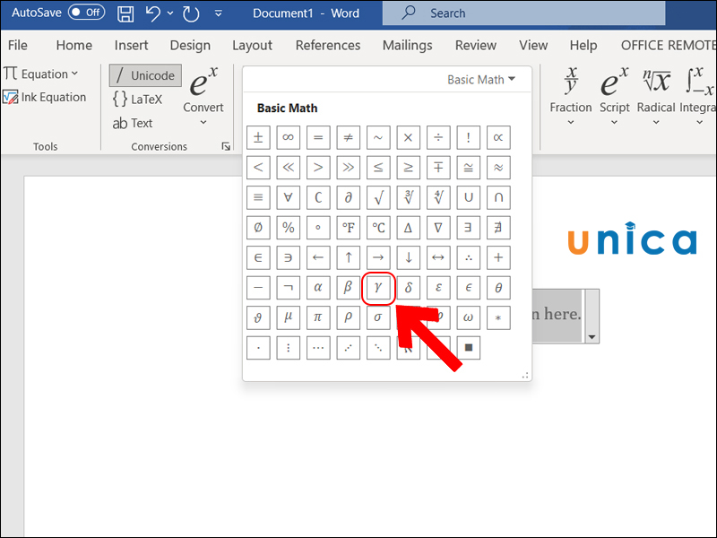 Chọn ký hiệu Gamma để chèn