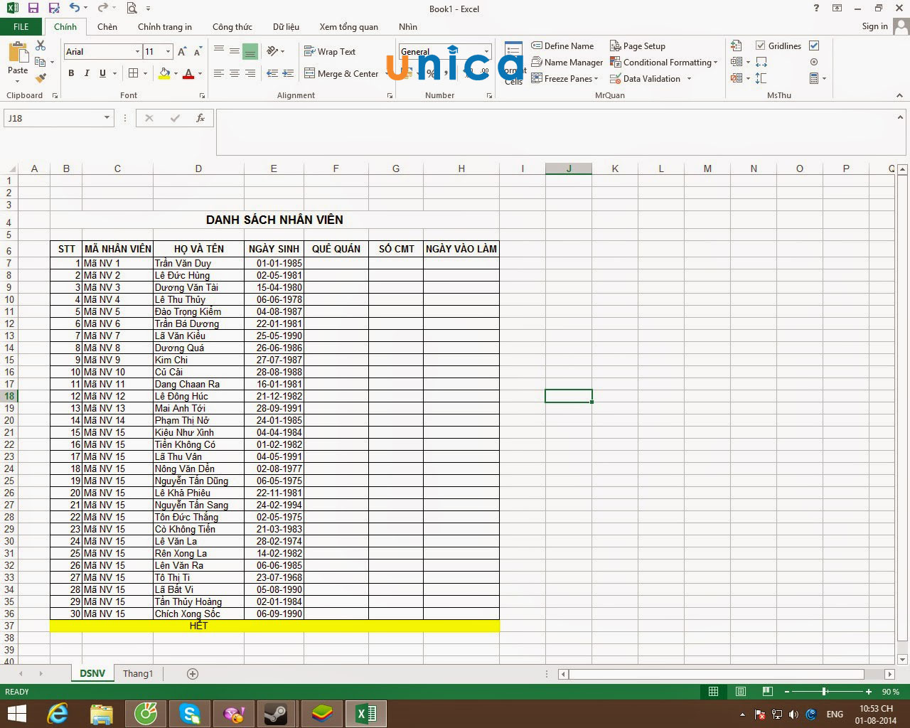 Tạo khung cho bảng chấm công