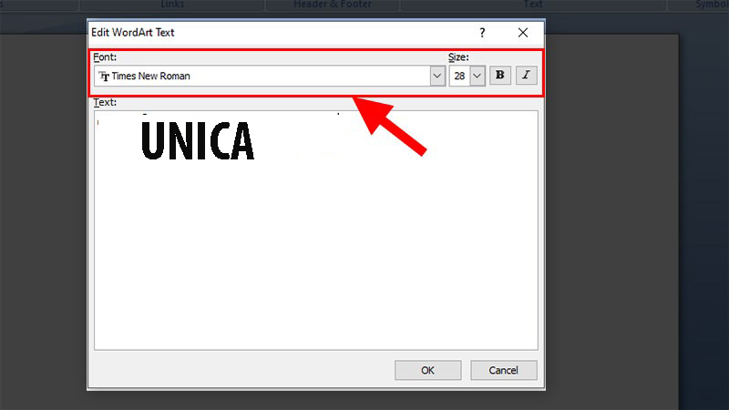 Chỉnh sửa kích thước, định dạng và Font chữ tại bảng Edit WordArt Text