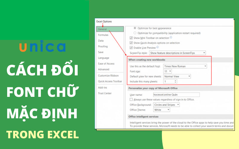 Cách cài đặt font chữ mặc định cho Excel