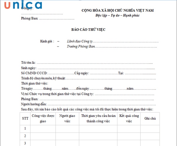 Ví dụ báo cáo thử việc của nhân viên ngân hàng