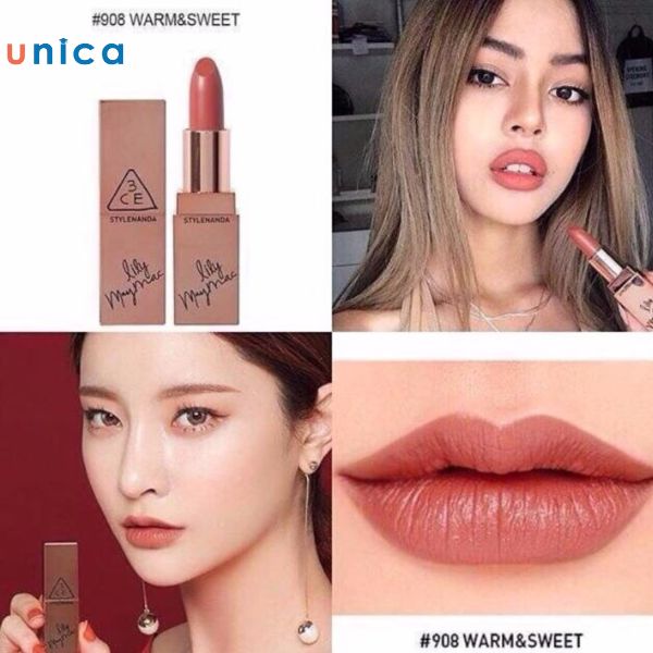 3CE Lily Maymac màu 908 Warm&Sweet là thỏi son cam đất có pha chút ánh hồng