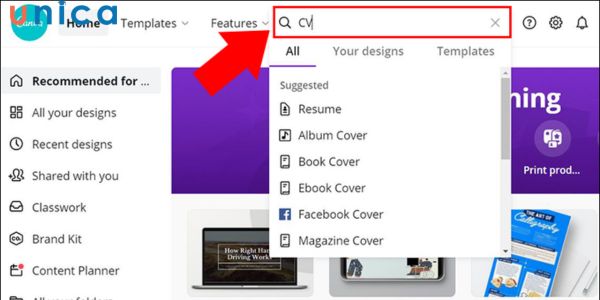 Tìm kiếm các mẫu CV đang có sẵn trên Canva