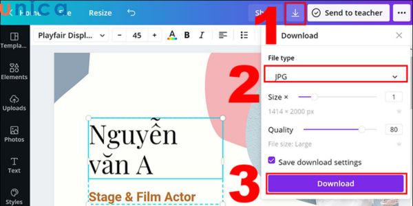 Nhấn Download để tải mẫu CV vừa thiết kế trên Canva về