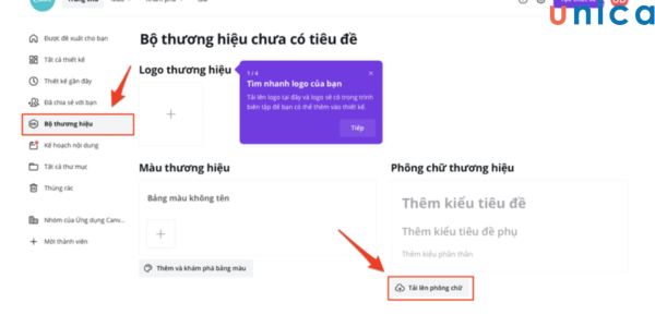 Chọn mục Brand Hub (Bộ thương hiệu) để tải font chữ lên