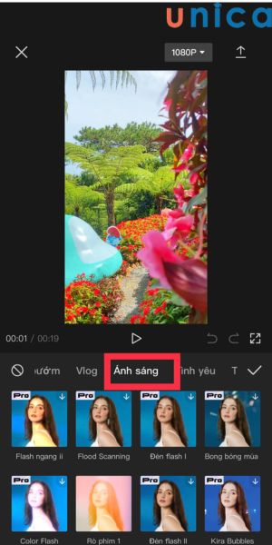 Chọn hiệu ứng ánh sáng để áp dụng cho video
