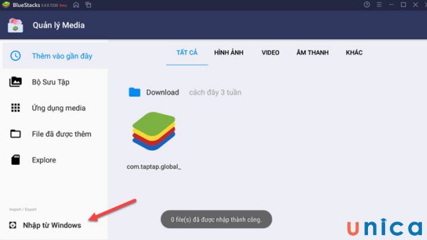 Ở cửa sổ Quản lý Media, bạn chọn “Nhập từ windows”, chọn video cần cắt và nhấn Open