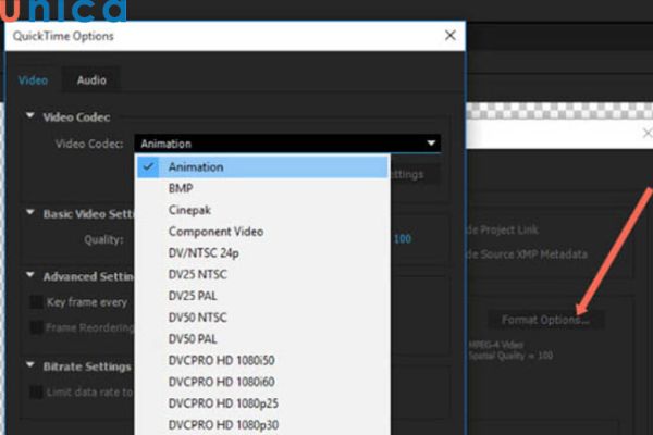 Chọn Video Codec để xuất file