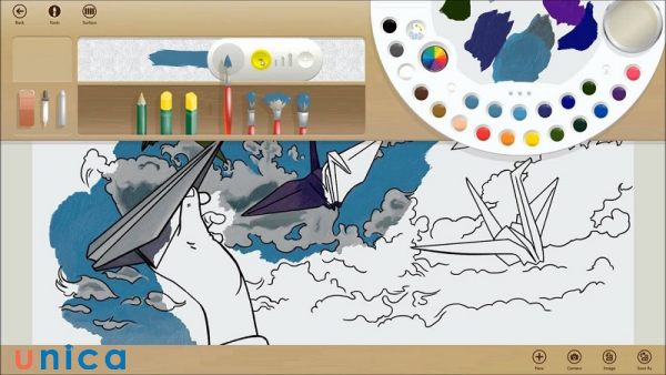 Microsoft Fresh Paint cung cấp chì vẽ graphite, màu nước và chổi cọ