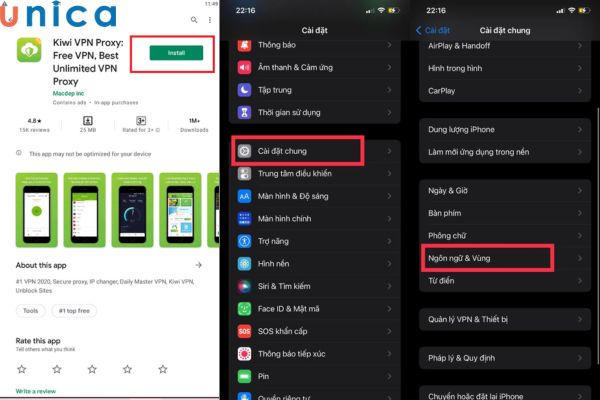Tải KIWI VPN => Vào cài đặt chuyển ngày giờ và ngôn ngữ