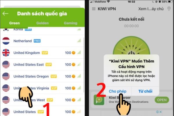 Chọn quốc gia và cho phép thêm cấu hình VPN