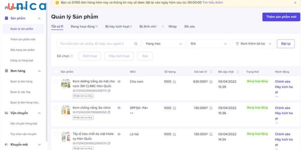 Các trạng thái hoạt động hiển thị trên TikTok Shop