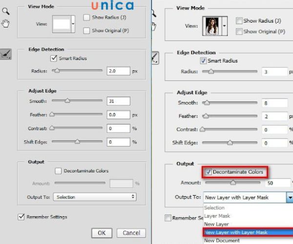 Thay đổi các tùy chỉnh trên Refine Edge cho phù hợp