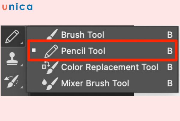 Pencil là một biến thể của công cụ Brush, cho phép bạn vẽ các nét màu có độ rõ ràng cao và không bị mờ
