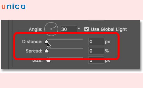 Distance và Spread là hai thông số khác bạn có thể điều chỉnh cách làm chữ bóng trong photoshop