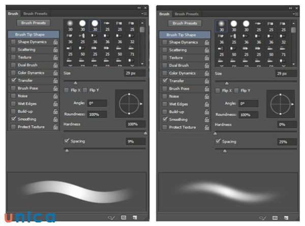 Thiết lập kích thước và độ cứng mềm của bút