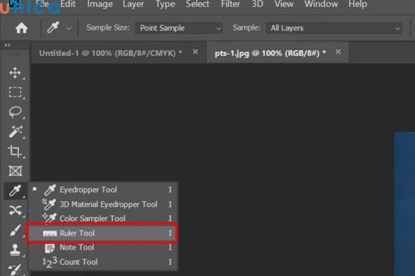Chọn Ruler Tool trong Photoshop