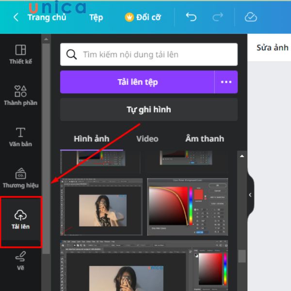 Vào Canva chọn tải ảnh lên