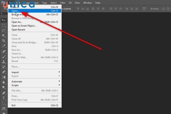 Vào Photoshop => File => Open