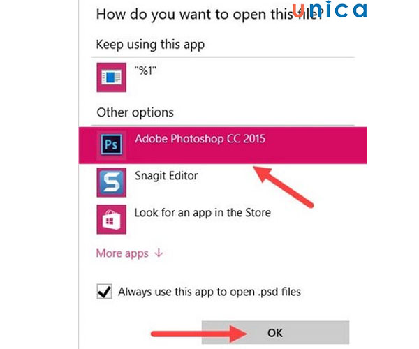 Chọn Always use this App to open .psd files => OK để mở