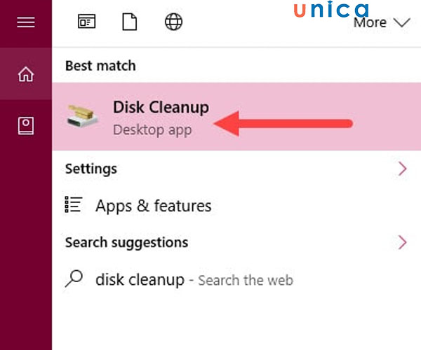 Mở Menu Start gõ “Disk Cleanup”