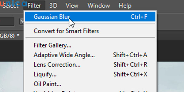 Chọn Gaussian Blur hoặc dùng tổ hợp phím Ctrl + F