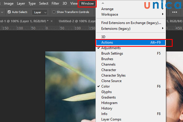 Chọn Window => Nhấn chọn Actions