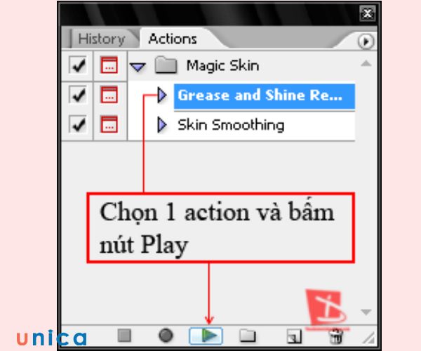 Nhấn vào biểu tượng Play (hình tam giác) để chạy action photoshop