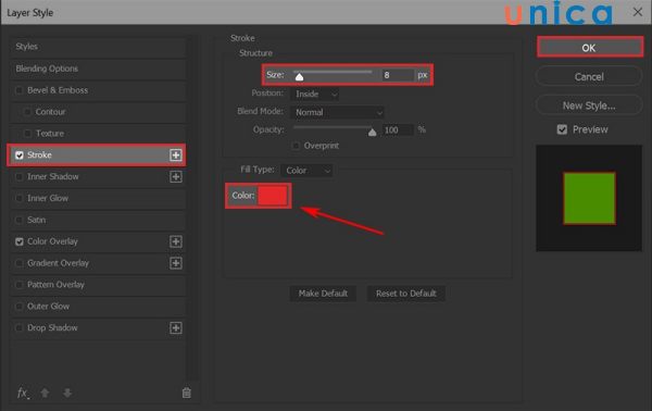 Chọn Stroke để tô viền cho hình tam giác