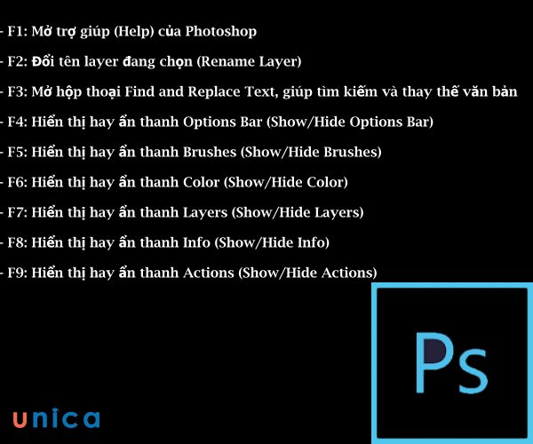 Các phím tắt từ F1 - F9