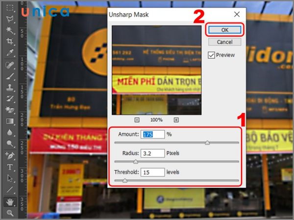 Chỉnh các thông số trong Unsharp Mask rồi nhấn OK