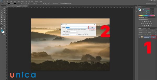 Mở khóa Background Layer bằng cách click đúp chuột vào biểu tượng hình ổ khóa