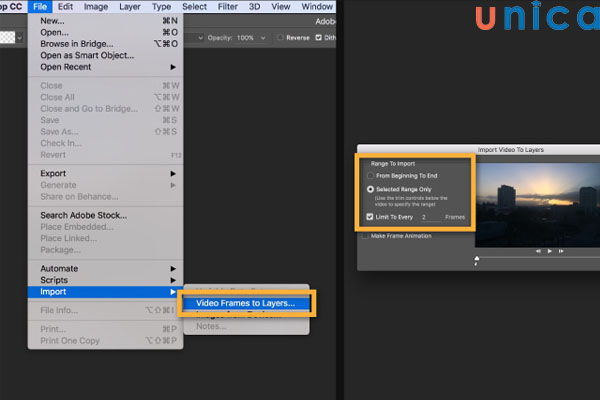 Chọn Video Frames To Layer
