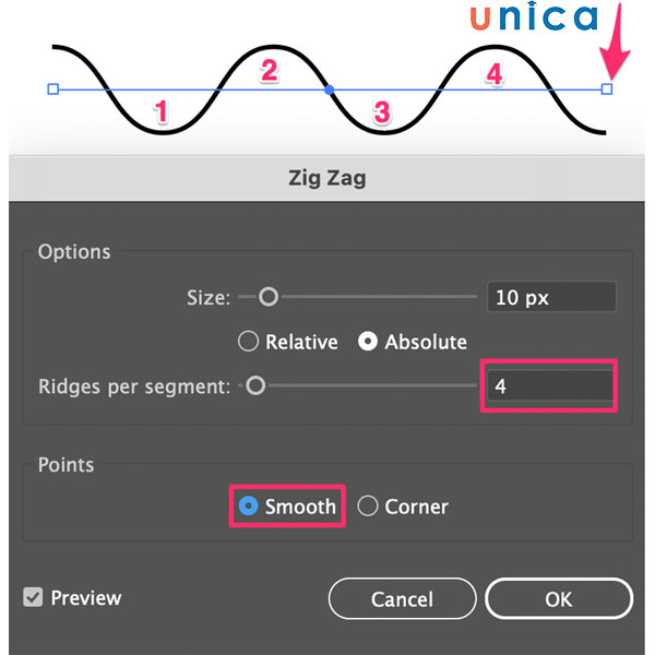 Thay đổi tuỳ chọn để tạo đường lượn sóng