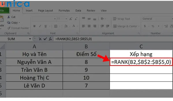Hàm Rank trong excel dùng để xếp hạng vị trí của danh sách