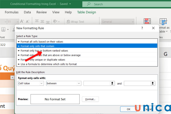 Chọn Format only cells that contain để định dạng ô theo điều kiện