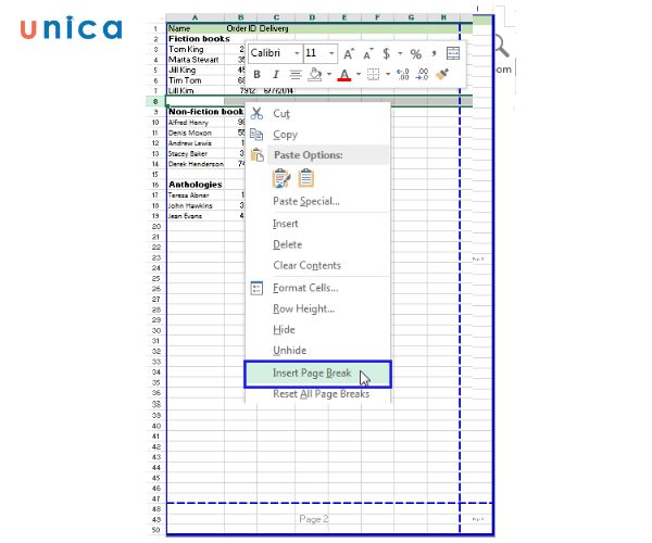Chọn Insert Page Break để ngắt trang theo chiều ngang