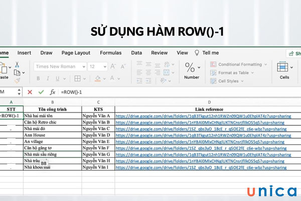 Sử dụng hàm =ROW()-1