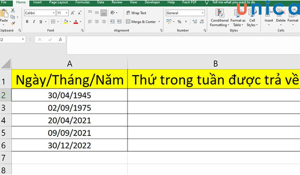 Ví dụ sử dụng hàm WEEKDAY kết hợp hàm CHOOSE